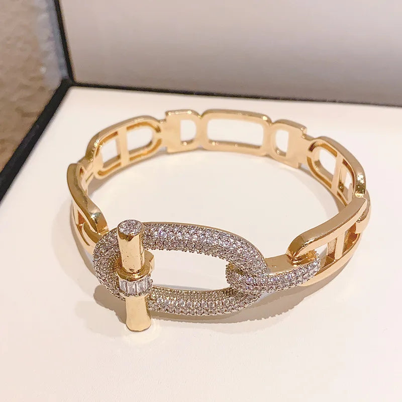 MACO Luxury 18K Gold Plated Belt Bangle – Punk Court Style Brass Bracelet
