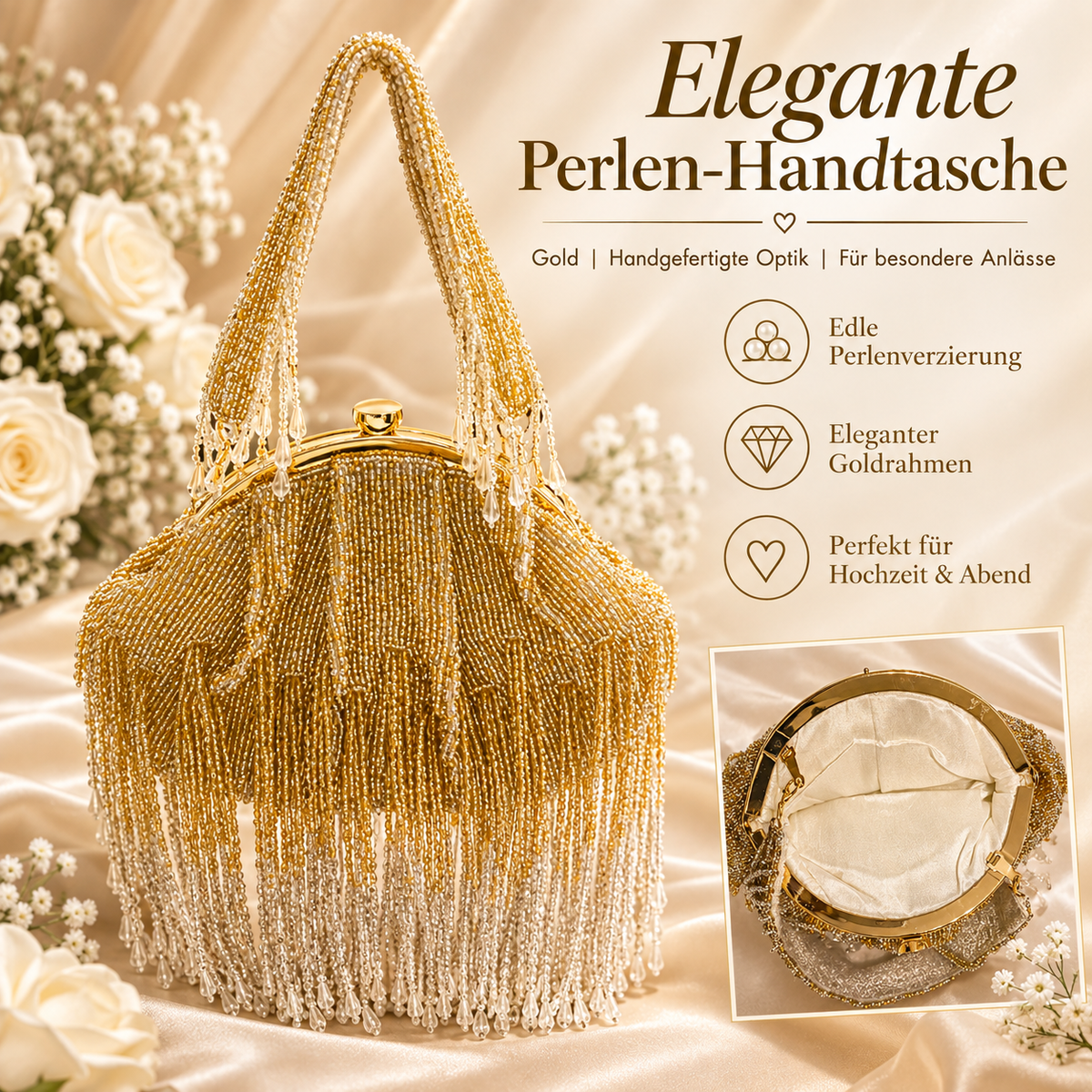 MDBODY Luxury Couture — Handgefertigte Gold-Perlen-Handtasche mit elegantem Rahmen (Limitierte Edition — Luxus, den nicht jeder trägt)