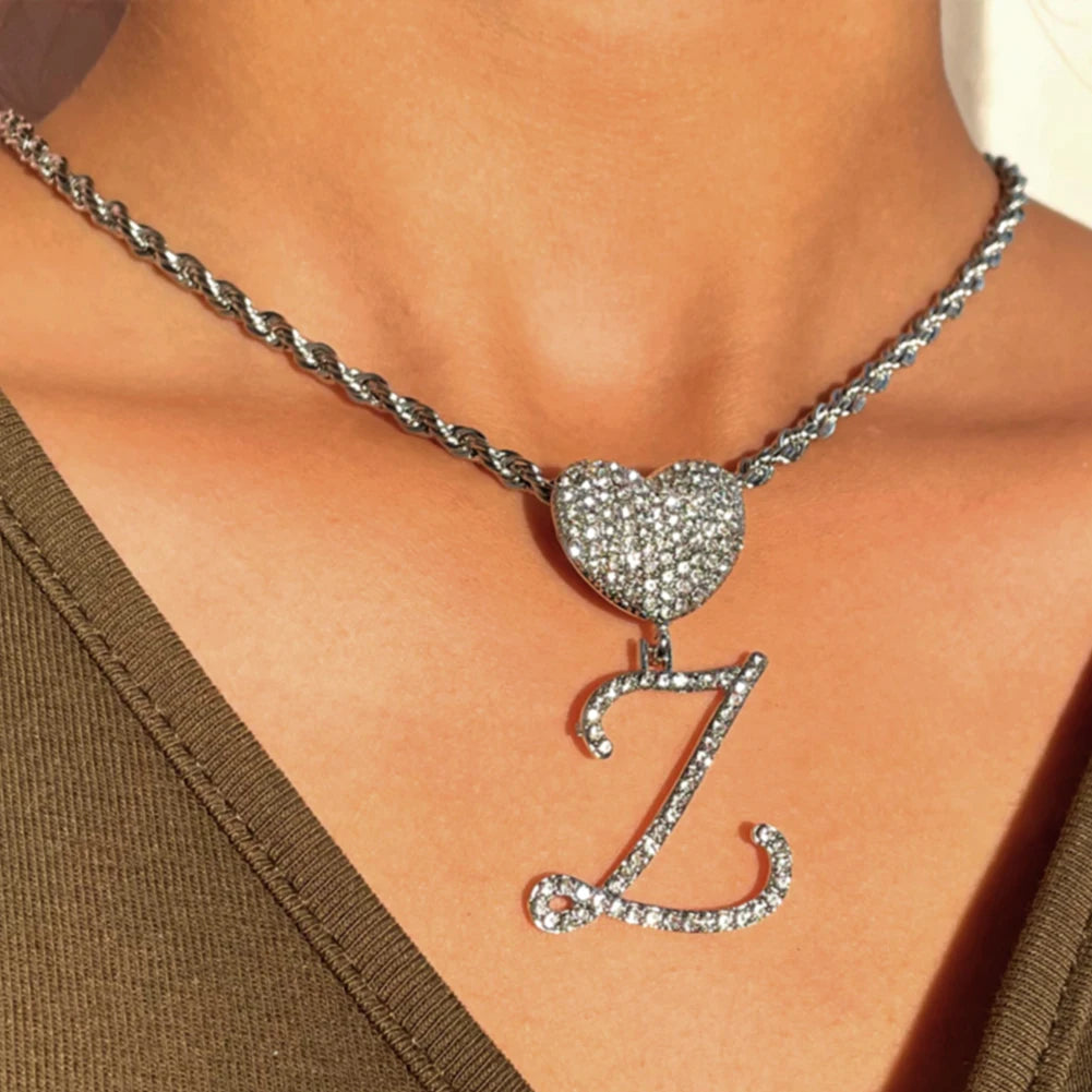 MACO Iced Out Cursive Initial Heart Necklace – Luxury Zircon Cuban Link Choker
