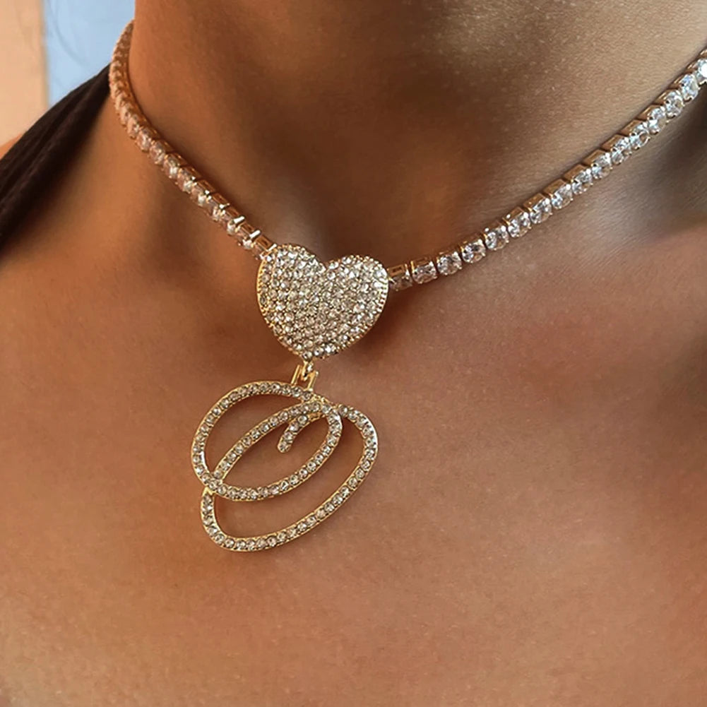 MACO Iced Out Cursive Initial Heart Necklace – Luxury Zircon Cuban Link Choker