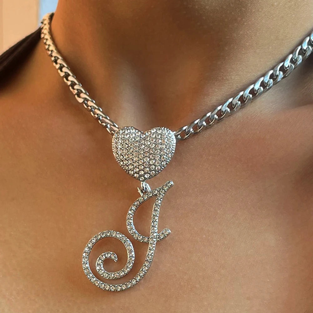 MACO Iced Out Cursive Initial Heart Necklace – Luxury Zircon Cuban Link Choker