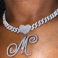 MACO Iced Out Cursive Initial Heart Necklace – Luxury Zircon Cuban Link Choker