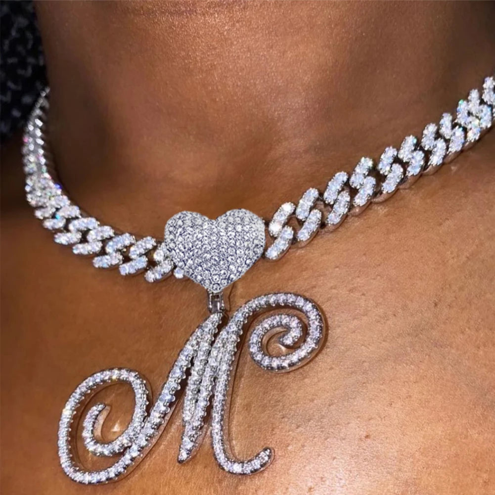 MACO Iced Out Cursive Initial Heart Necklace – Luxury Zircon Cuban Link Choker
