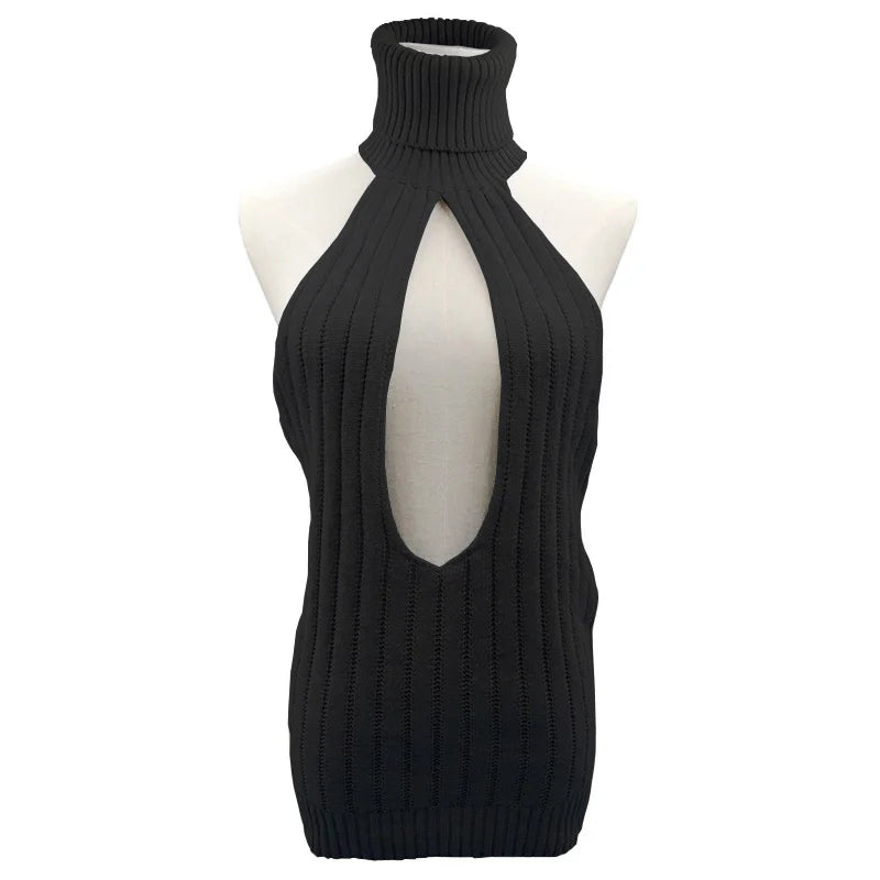 MACO Luxury Y2K Backless Virgin Killer Sweater – Turtleneck Open Chest Knitted Pullover