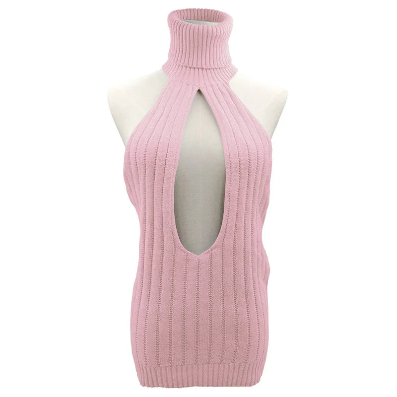 MACO Luxury Y2K Backless Virgin Killer Sweater – Turtleneck Open Chest Knitted Pullover