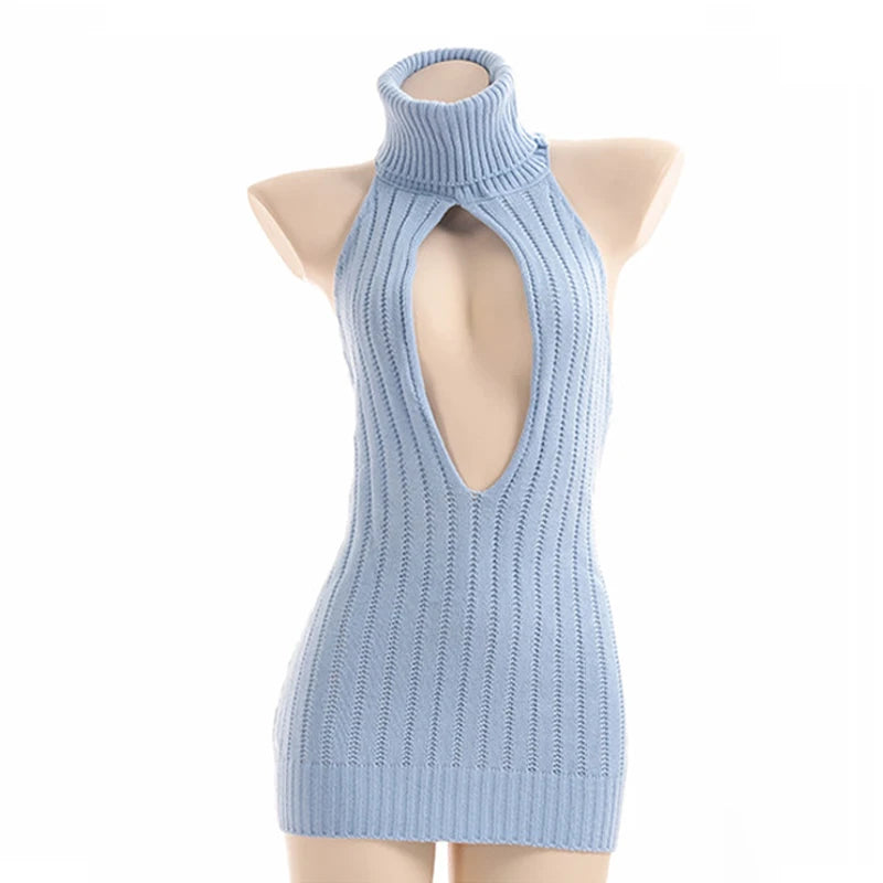 MACO Luxury Y2K Backless Virgin Killer Sweater – Turtleneck Open Chest Knitted Pullover