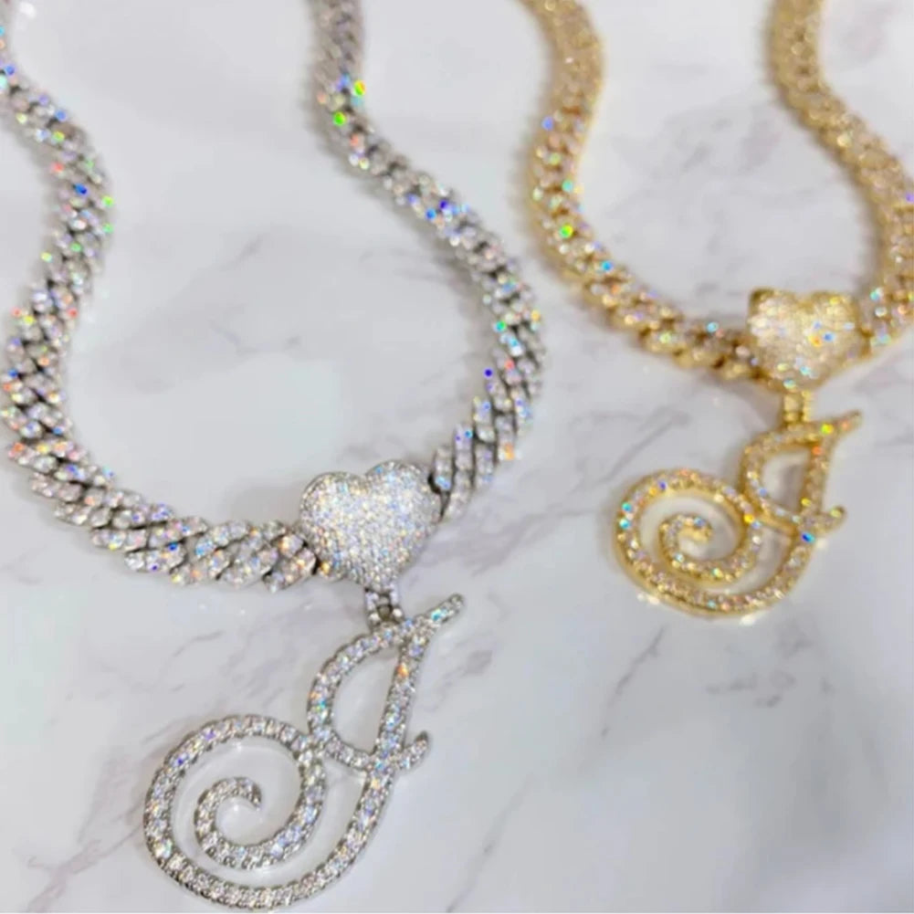MACO Iced Out Cursive Initial Heart Necklace – Luxury Zircon Cuban Link Choker