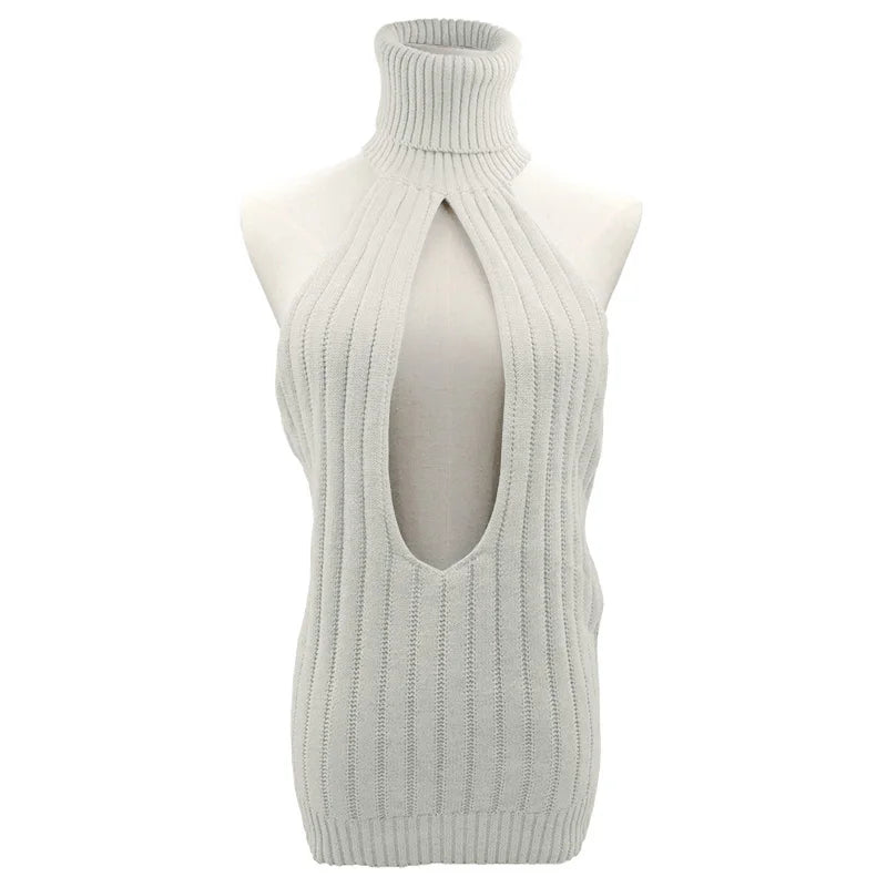 MACO Luxury Y2K Backless Virgin Killer Sweater – Turtleneck Open Chest Knitted Pullover