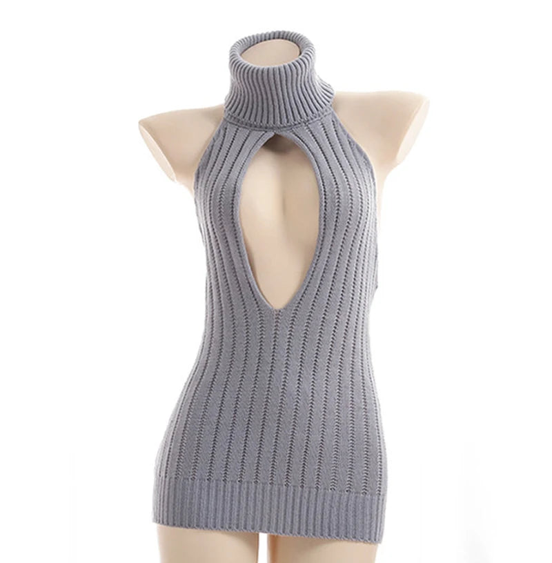 MACO Luxury Y2K Backless Virgin Killer Sweater – Turtleneck Open Chest Knitted Pullover