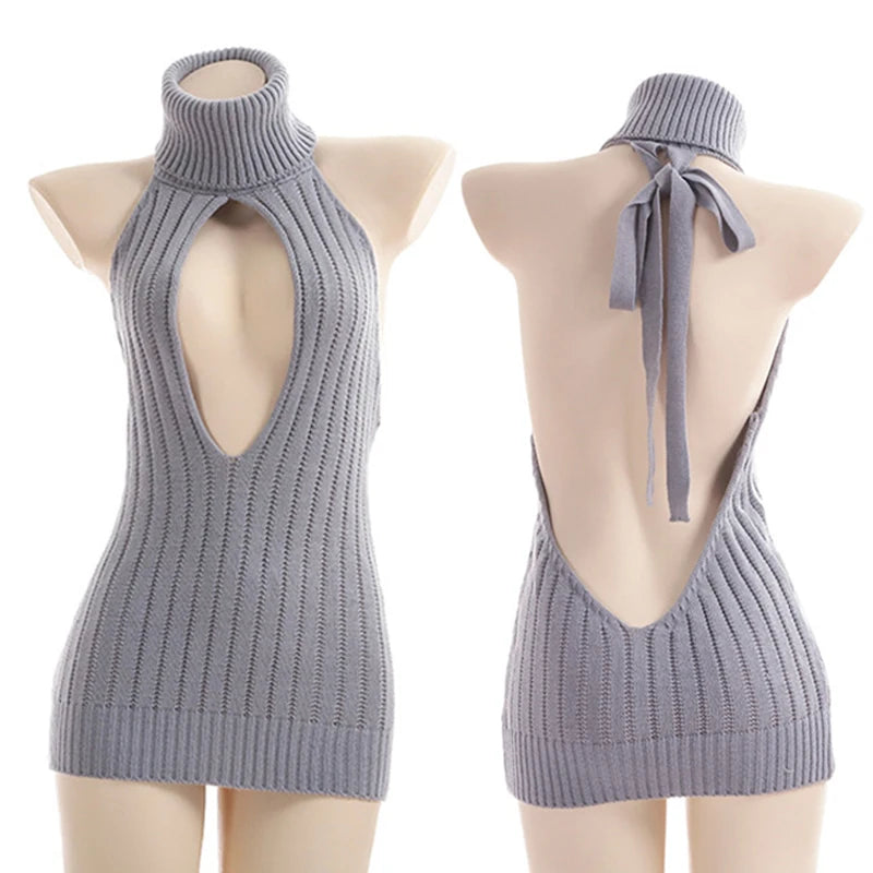 MACO Luxury Y2K Backless Virgin Killer Sweater – Turtleneck Open Chest Knitted Pullover