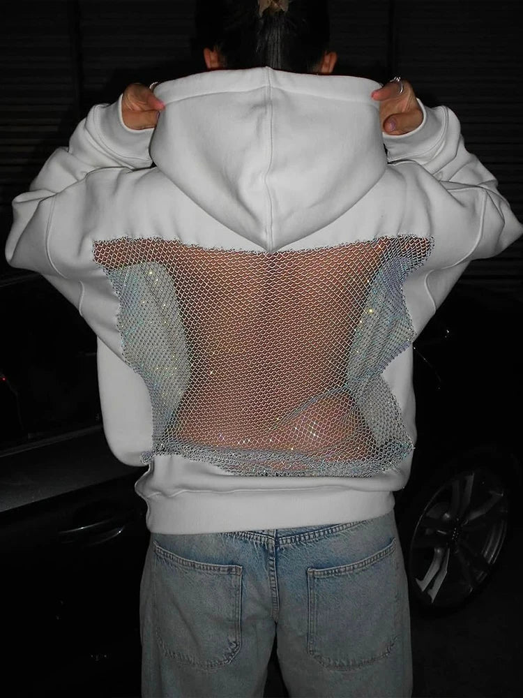 MACO Luxury Y2K Backless Mesh Hoodie – Harajuku Shiny-Thread Patchwork Sweatshirt