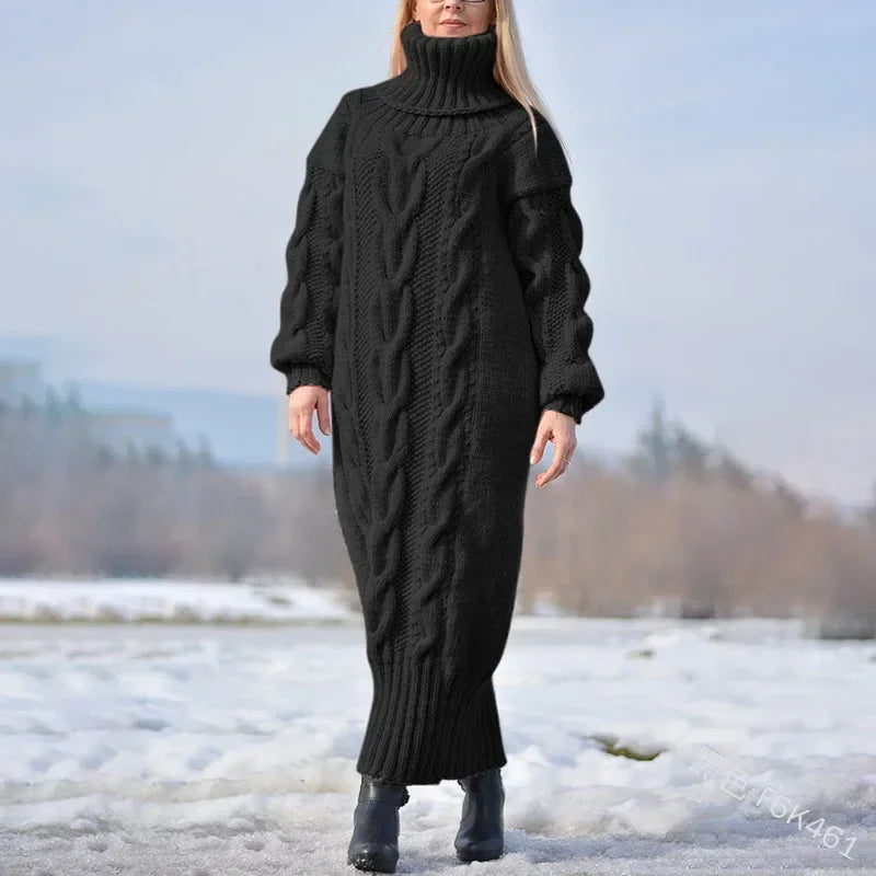 MACO Luxury Winter Long Dress Sweater – Oversized Twisted Turtleneck Knitted Pullover