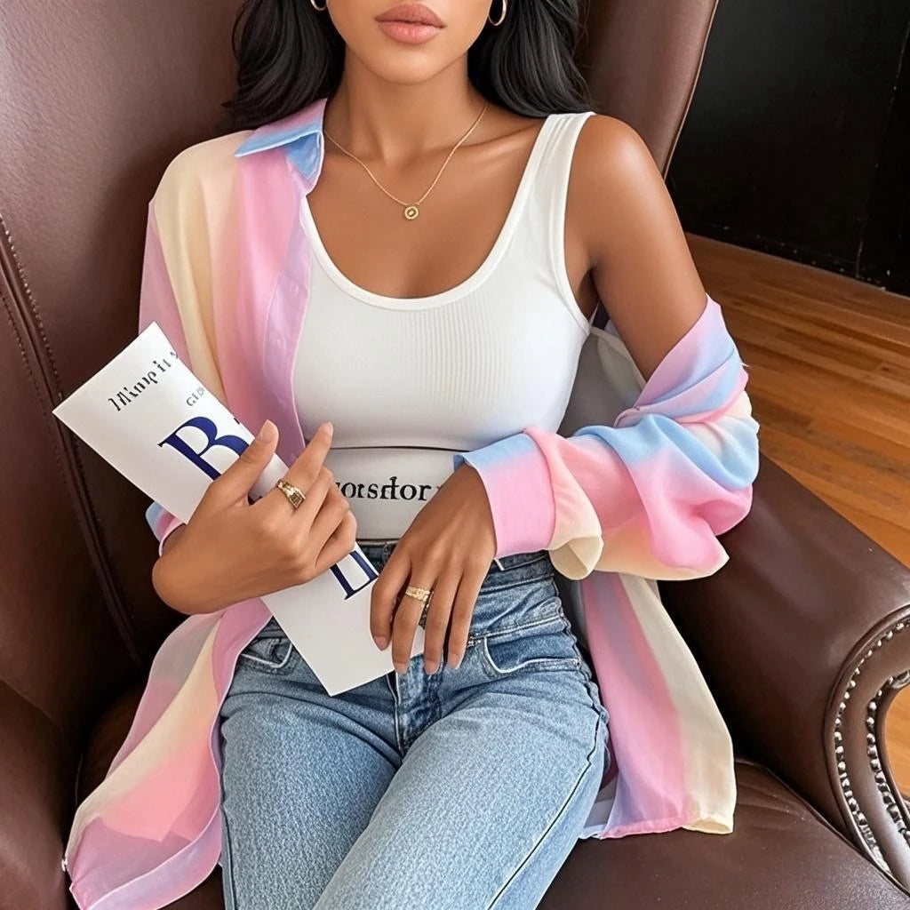 MACO Irregular Gradient Rainbow Sheer Shirt – Lightweight Loose Layering Top
