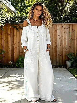 MACO Luxury Off-Shoulder Denim Jumpsuit – Wide-Leg Play- & Playsuit
