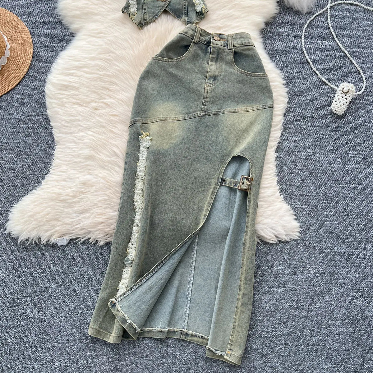 MACO American Retro Washed Denim Set – Luxury Halter Top & Slit Slimming Skirt Two-Piece