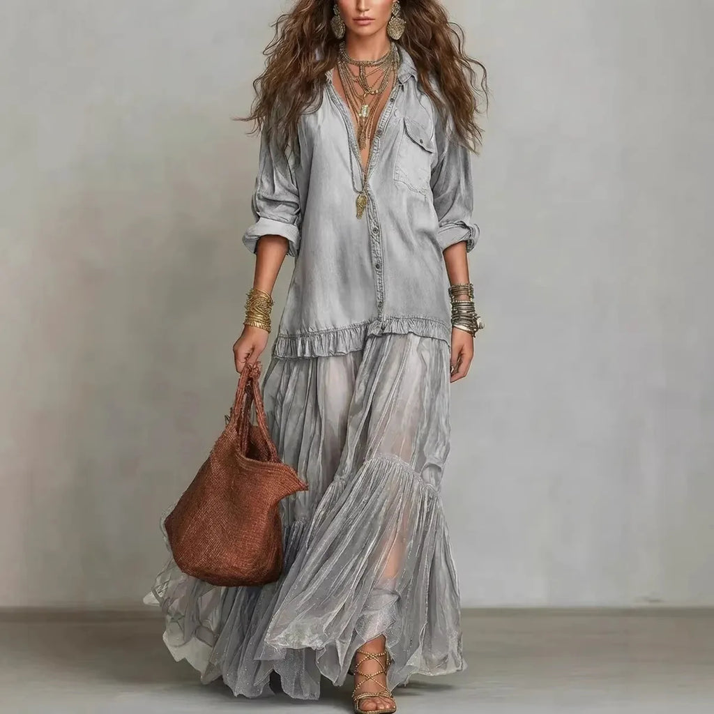 MACO Luxury Y2K Denim Mesh Splice Dress – Elegant Vintage Ruffled Streetwear Dress