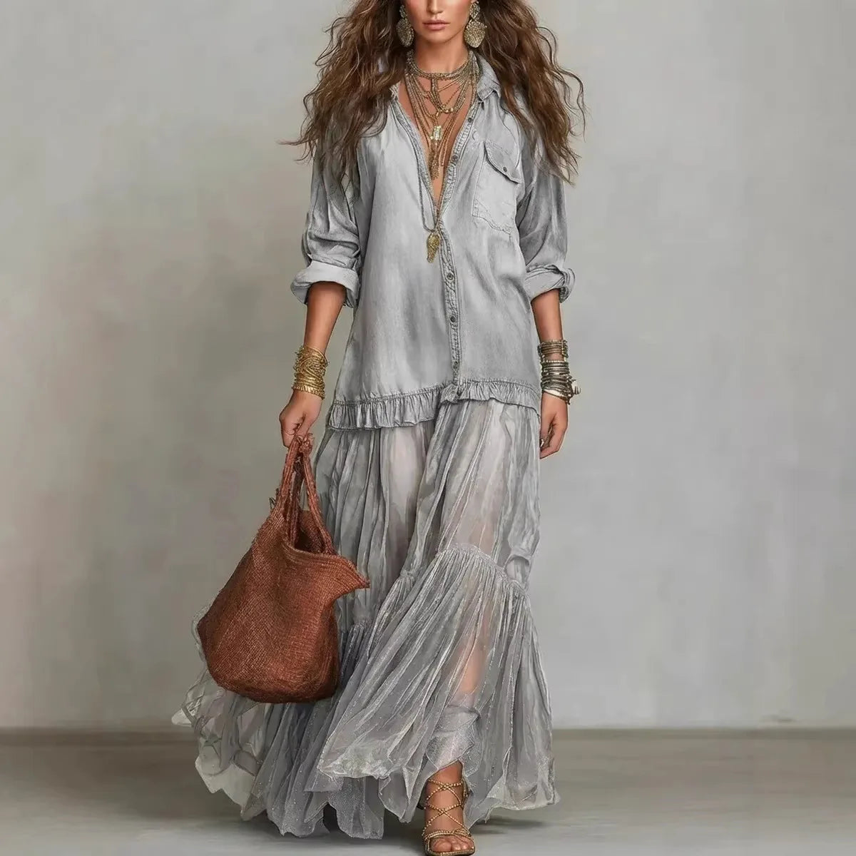 MACO Luxury Y2K Denim Mesh Splice Dress – Elegant Vintage Ruffled Streetwear Dress