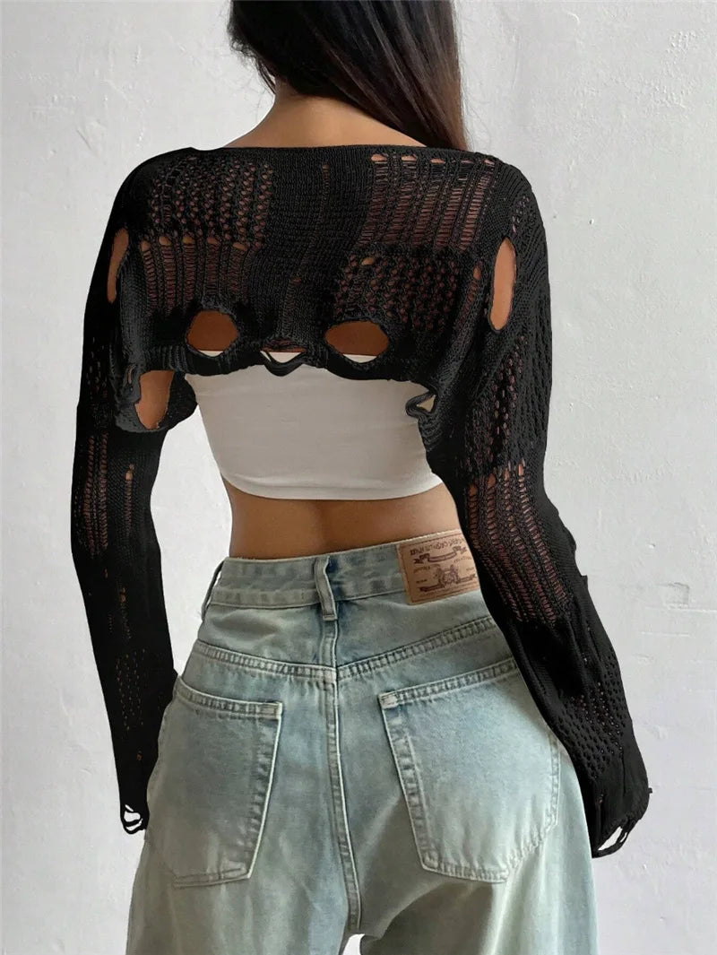 MACO Luxury Y2K Ripped Crochet Sweater – High-Street Hollow Out Short Pullover Top