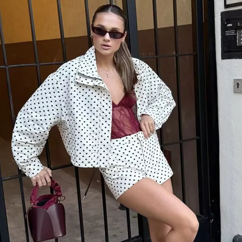 MACO Luxury Polka Dot Bomber Jacket – Oversized Aviator Crop Coat & Zip-Up Outerwear