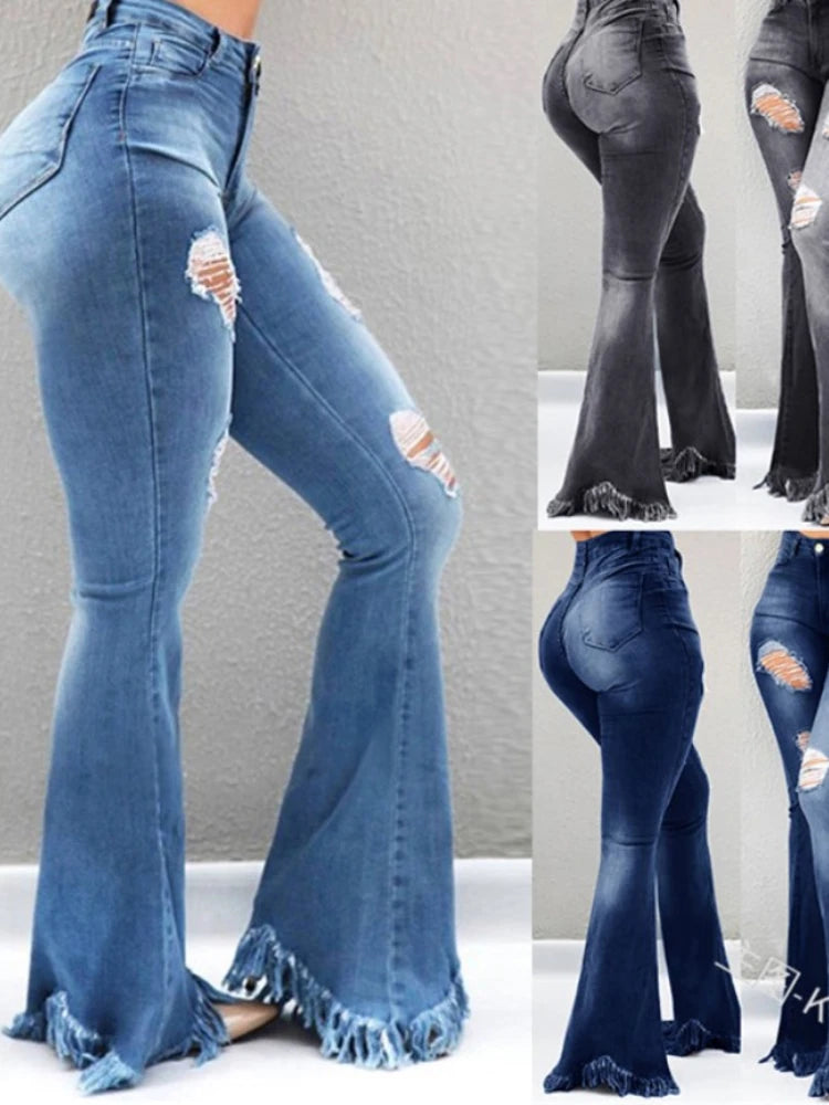 MACO Distressed Ripped Flare Jeans – Luxury High-Waist Washed Denim Trousers