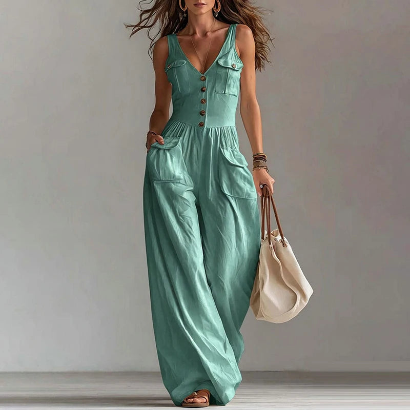 MACO Luxury V-Neck Wide-Leg Jumpsuit – Elegant High-Waist Summer Overalls