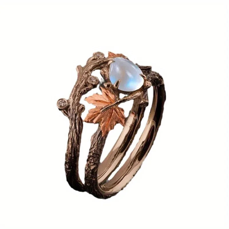 MACO Vintage Maple Leaf Moonstone Ring – Classic Boho Statement Jewelry