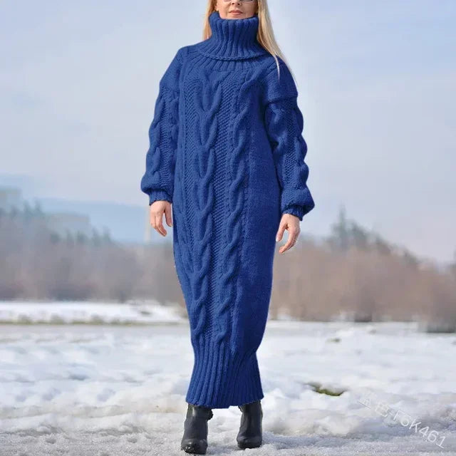 MACO Luxury Winter Long Dress Sweater – Oversized Twisted Turtleneck Knitted Pullover