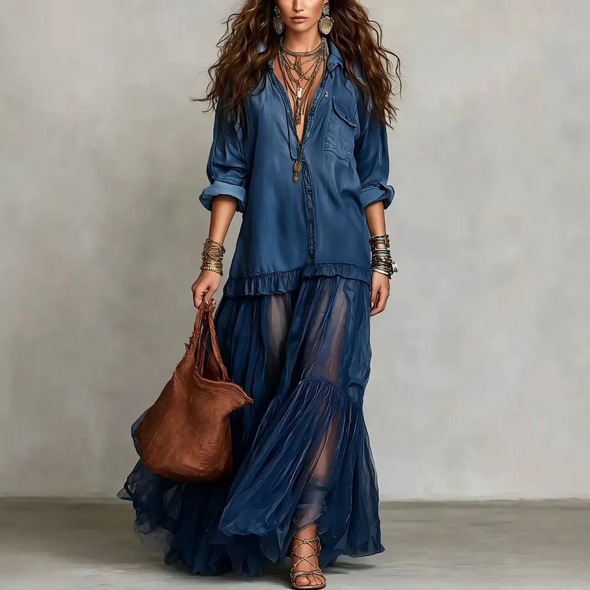 MACO Luxury Y2K Denim Mesh Splice Dress – Elegant Vintage Ruffled Streetwear Dress