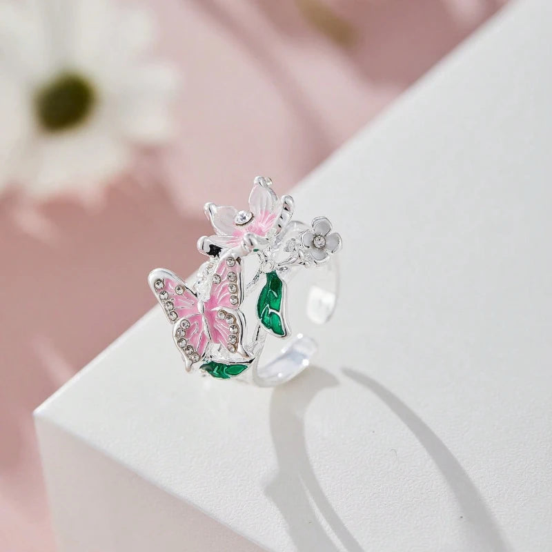 MACO Aesthetic Romantic Flower Butterfly Ring – Luxury Rhinestone Opening Ring