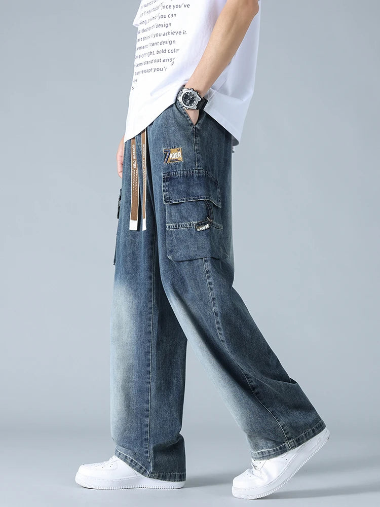 MACO Luxury Big Size Denim Cargo Pants – Men's Wide Leg Baggy Straight Jeans