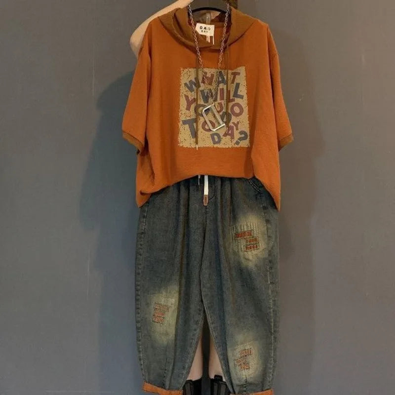 MACO Luxury Vintage Two-Piece Denim Anzug – Plus Size Hooded T-Shirt & Printed Jeans Set