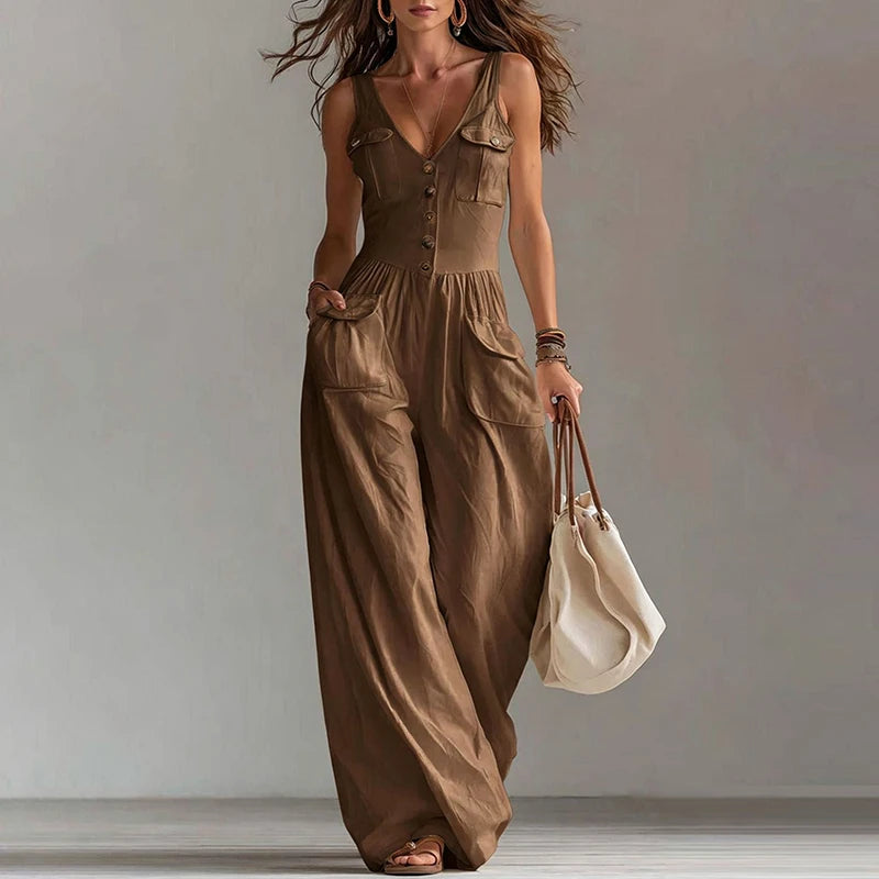 MACO Luxury V-Neck Wide-Leg Jumpsuit – Elegant High-Waist Summer Overalls