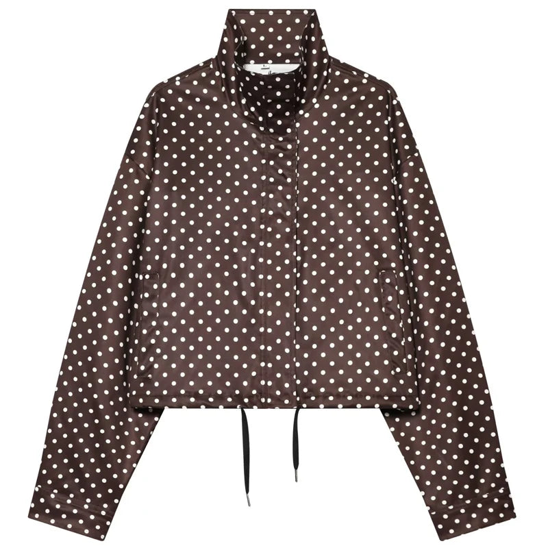 MACO Luxury Polka Dot Bomber Jacket – Oversized Aviator Crop Coat & Zip-Up Outerwear