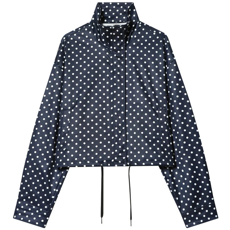 MACO Luxury Polka Dot Bomber Jacket – Oversized Aviator Crop Coat & Zip-Up Outerwear