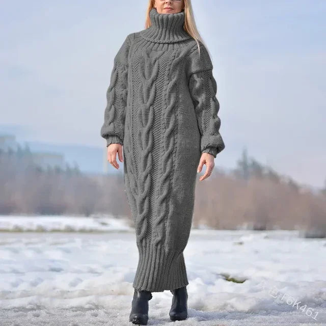 MACO Luxury Winter Long Dress Sweater – Oversized Twisted Turtleneck Knitted Pullover