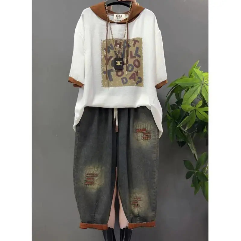 MACO Luxury Vintage Two-Piece Denim Anzug – Plus Size Hooded T-Shirt & Printed Jeans Set