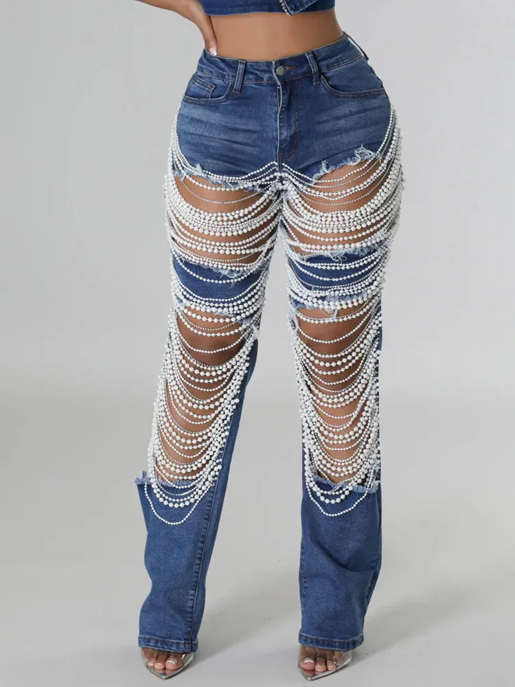 MACO Luxury Rhinestone Chain Jeans – Destroyed Ripped Pearl Distressed Skinny Denim