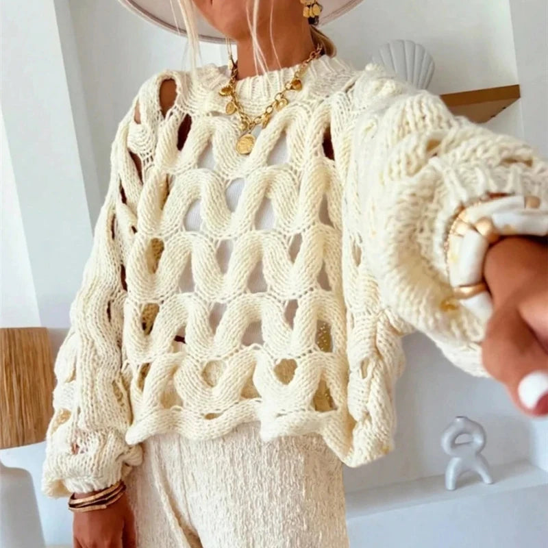 MACO Luxury Hollow-Out Crochet Sweater – Sexy Long Sleeve Beach Pullover Blouse