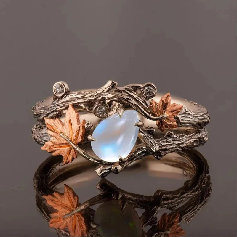 MACO Vintage Maple Leaf Moonstone Ring – Classic Boho Statement Jewelry