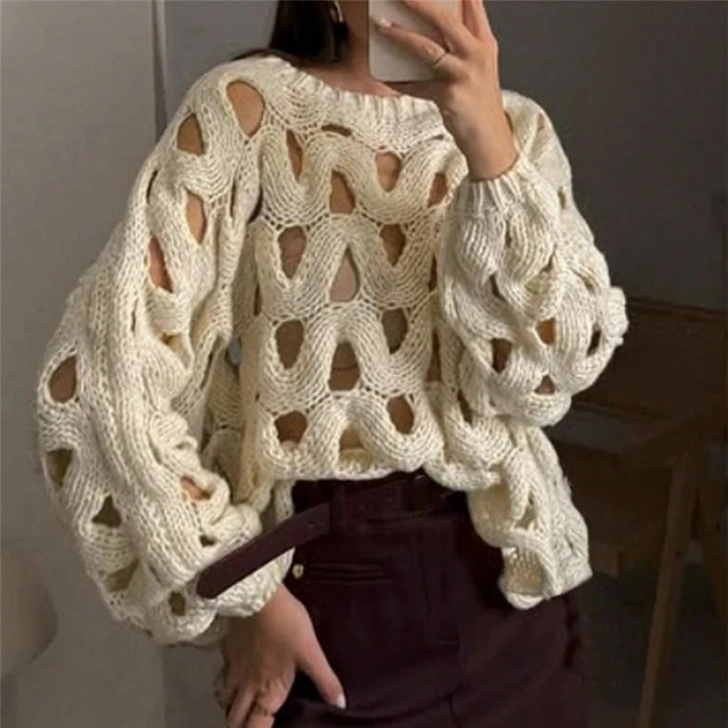 MACO Luxury Hollow-Out Crochet Sweater – Sexy Long Sleeve Beach Pullover Blouse