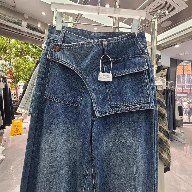 MACO Asymmetric Vintage Denim – Korean Style Wide-Leg Retro-Jeans