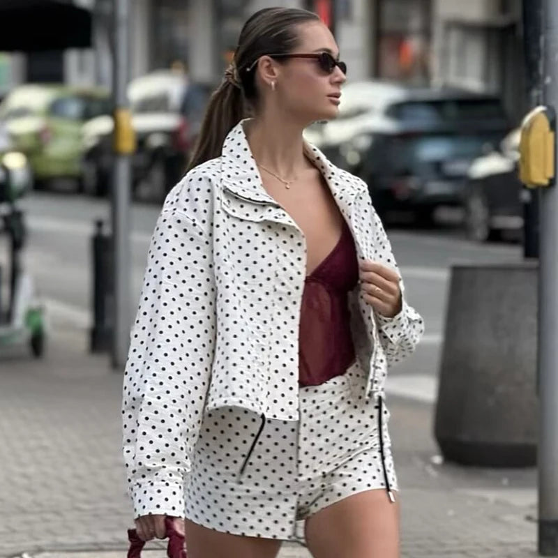 MACO Luxury Polka Dot Bomber Jacket – Oversized Aviator Crop Coat & Zip-Up Outerwear