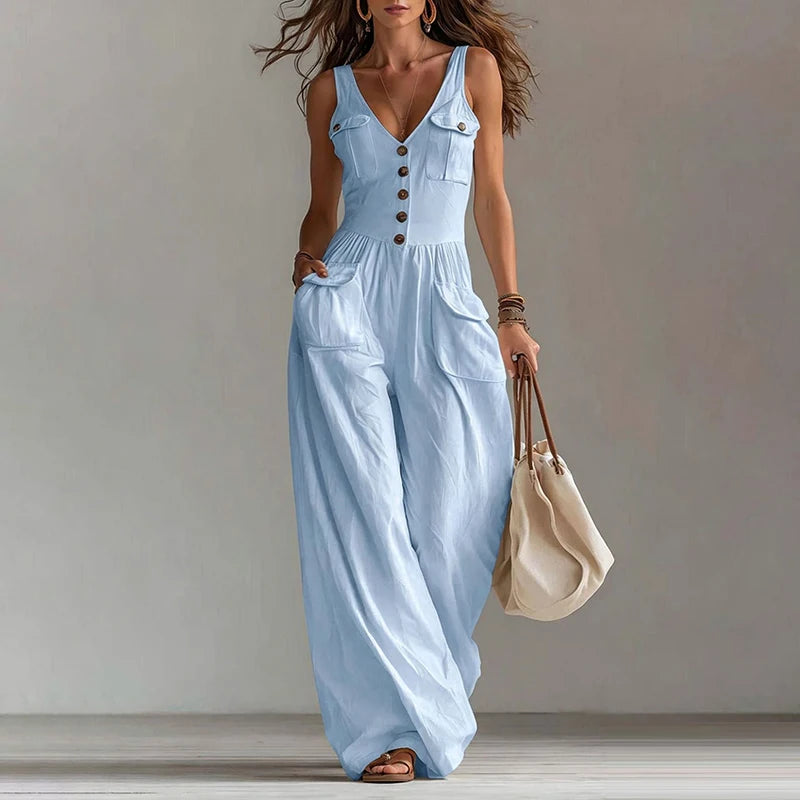 MACO Luxury V-Neck Wide-Leg Jumpsuit – Elegant High-Waist Summer Overalls