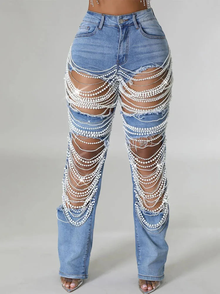 MACO Luxury Rhinestone Chain Jeans – Destroyed Ripped Pearl Distressed Skinny Denim