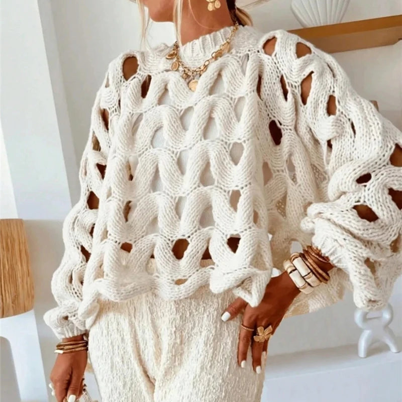 MACO Luxury Hollow-Out Crochet Sweater – Sexy Long Sleeve Beach Pullover Blouse