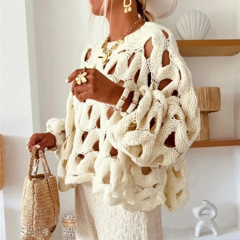 MACO Luxury Hollow-Out Crochet Sweater – Sexy Long Sleeve Beach Pullover Blouse