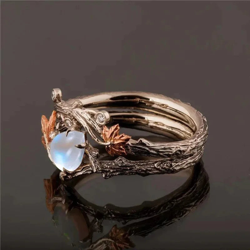 MACO Vintage Maple Leaf Moonstone Ring – Classic Boho Statement Jewelry