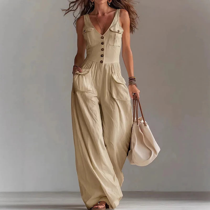 MACO Luxury V-Neck Wide-Leg Jumpsuit – Elegant High-Waist Summer Overalls