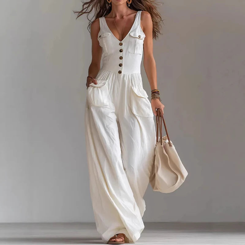 MACO Luxury V-Neck Wide-Leg Jumpsuit – Elegant High-Waist Summer Overalls