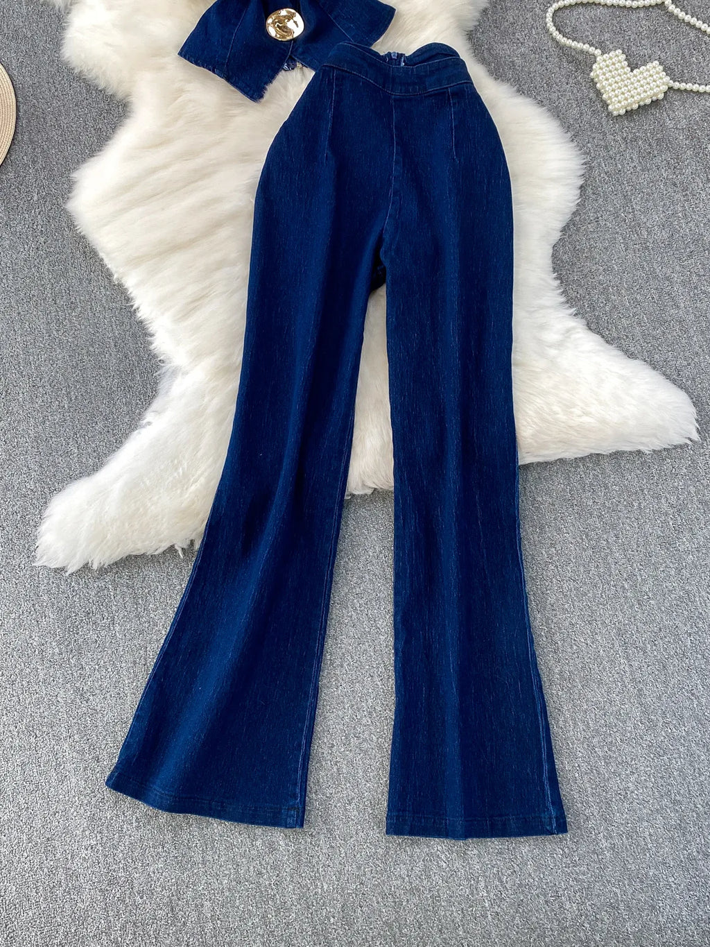 MACO Vintage Washed Denim Set – Luxury Sleeveless Waistcoat & Wide-Leg Trousers Two-Piece